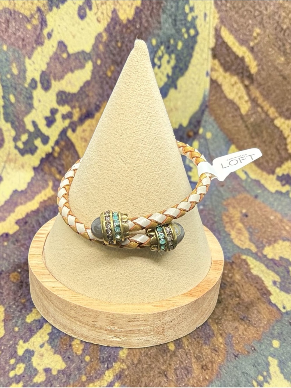 🤎LOFT🤎Braided Leather Wrap Bracelet in Beige and Tan w/Rhinestone Accents/NWT